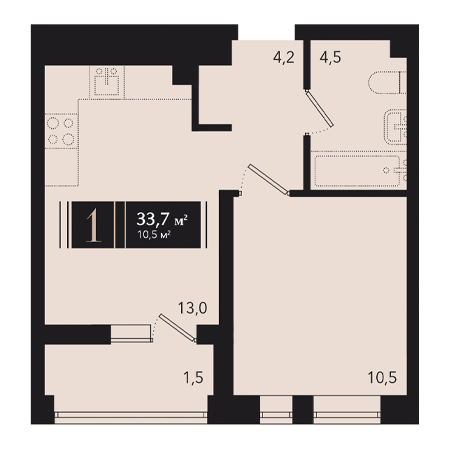 1 комнатная 33.7м²