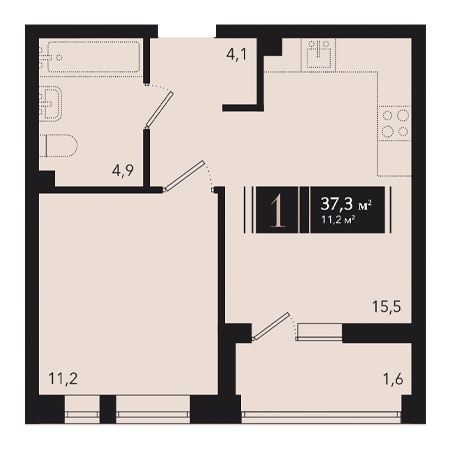 1 комнатная 37.3м²