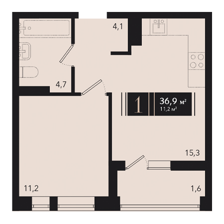 1 комнатная 36.9м²