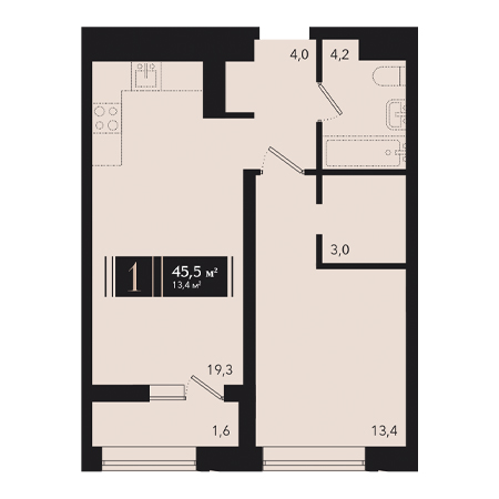 1 комнатная 45.5м²