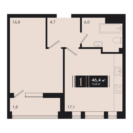 1 комнатная 46.4м²