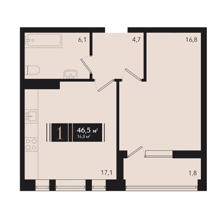 1 комнатная 46.5м²