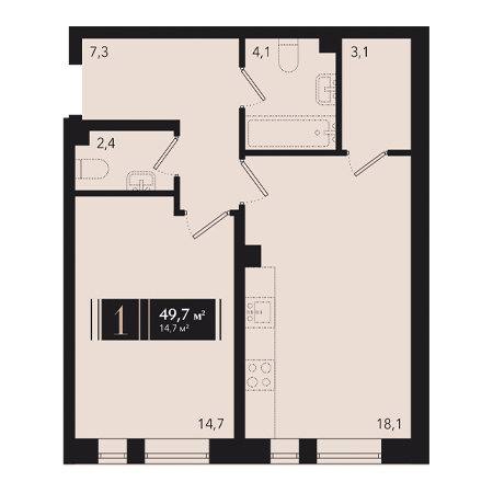 1 комнатная 49.7м²