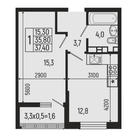 1 комнатная 37.4м²