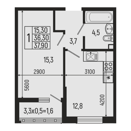 1 комнатная 37.9м²