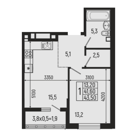 1 комнатная 43.5м²