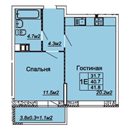 1 комнатная 41.8м²