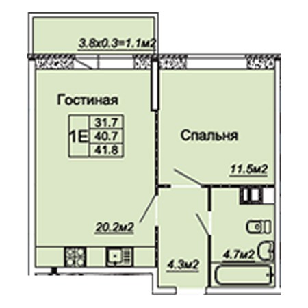 1 комнатная 41.8м²