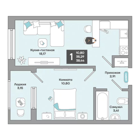 1 комнатная 38.44м²