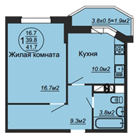 1 комнатная 41.7м²