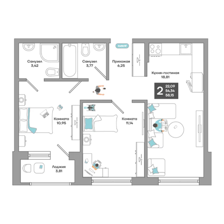 2 комнатная 58.15м²