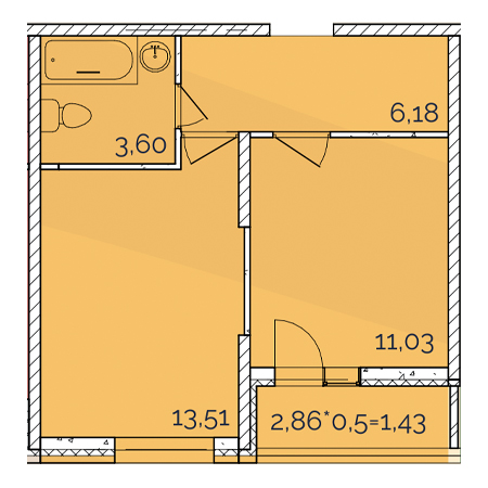 1 комнатная 35.75м²