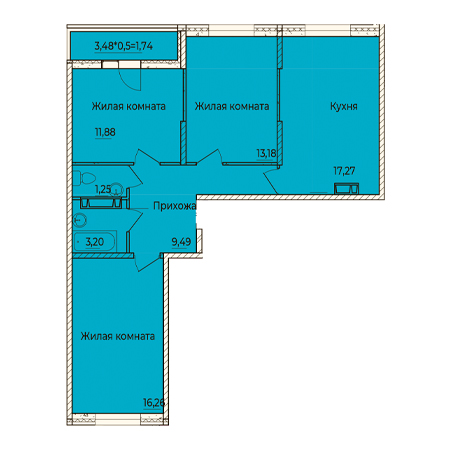 3 комнатная 74.27м²