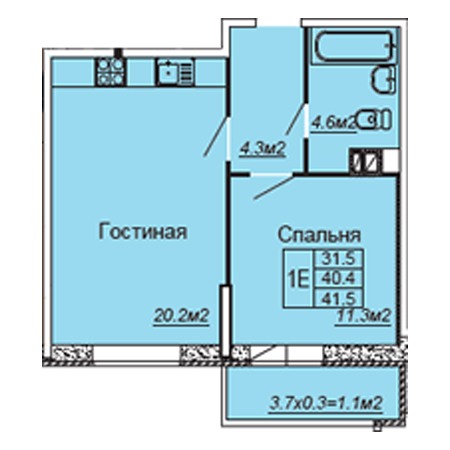 1 комнатная 41.5м²