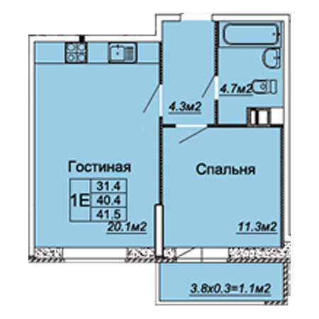 1 комнатная 41.5м²