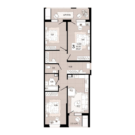 3 комнатная 89.47м²