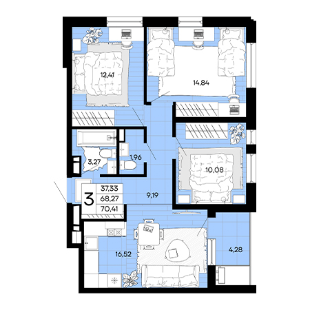 3 комнатная 70.41м²