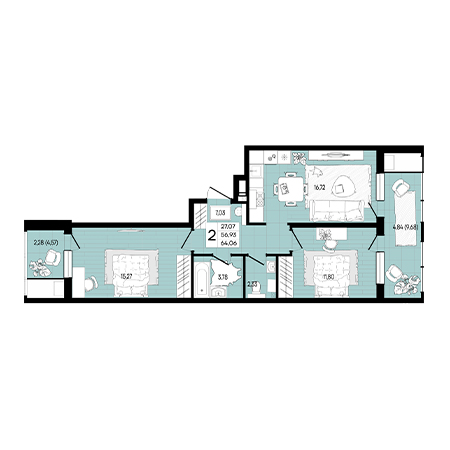 2 комнатная 64.06м²