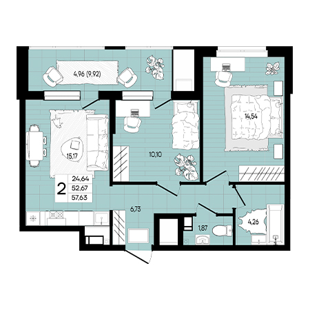 2 комнатная 57.63м²