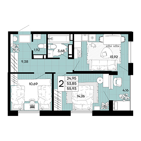 2 комнатная 55.93м²