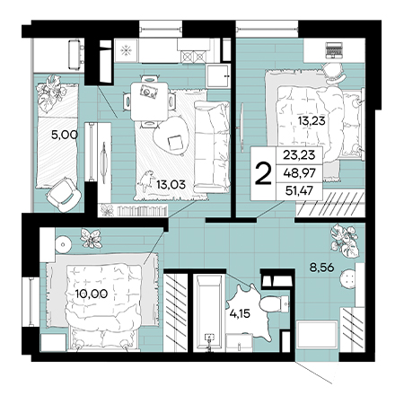 2 комнатная 51.47м²