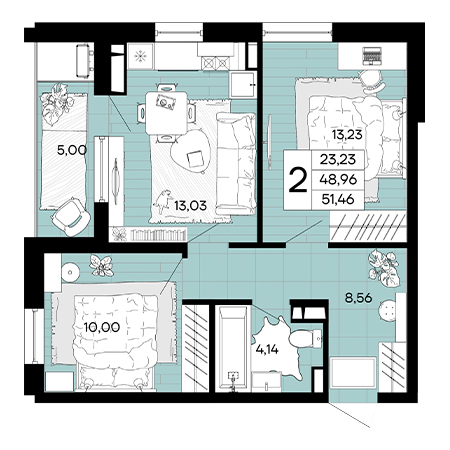 2 комнатная 51.46м²