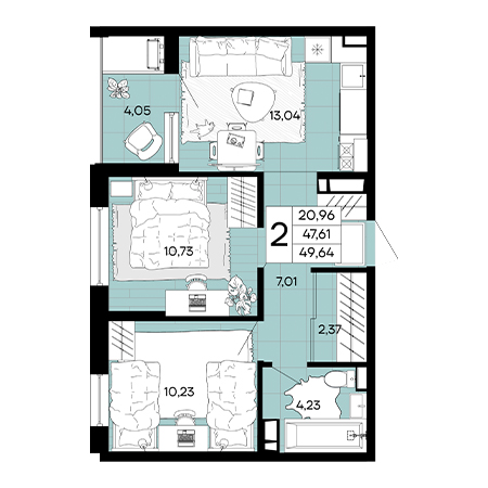 2 комнатная 49.64м²