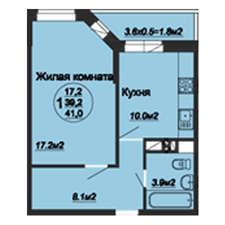 1 комнатная 41м²