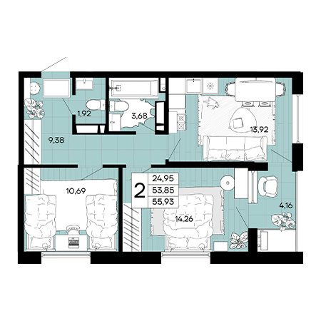 2 комнатная 55.93м²