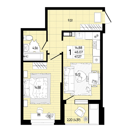 1 комнатная 47.27м²