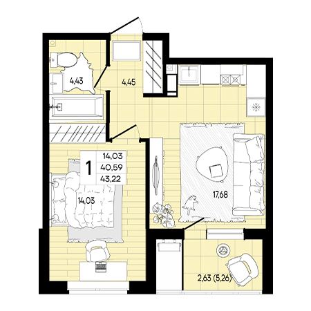 1 комнатная 43.22м²