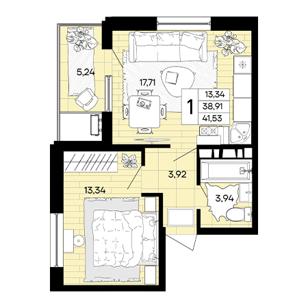 1 комнатная 41.53м²