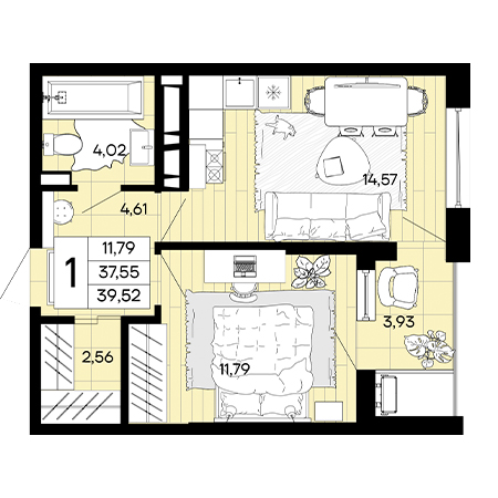 1 комнатная 39.52м²