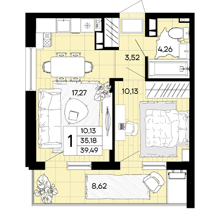 1 комнатная 39.49м²