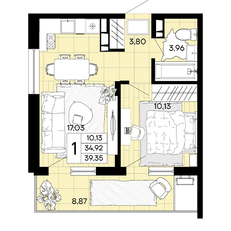 1 комнатная 39.35м²