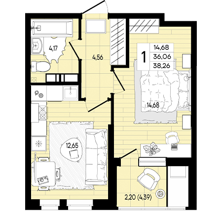 1 комнатная 38.26м²