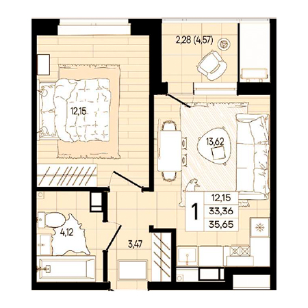 1 комнатная 35.65м²