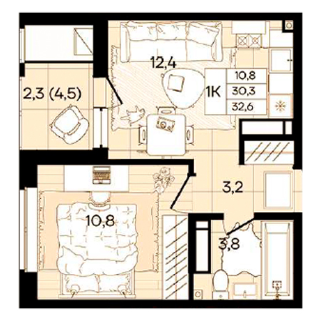 1 комнатная 32.6м²