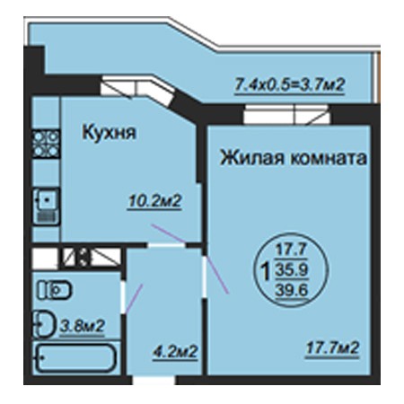 1 комнатная 39.6м²