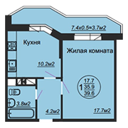 1 комнатная 39.6м²