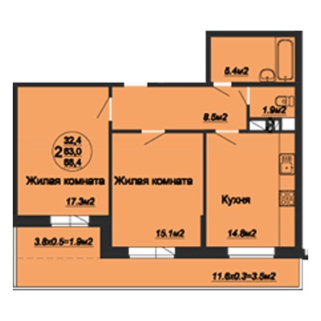 2 комнатная 68.4м²