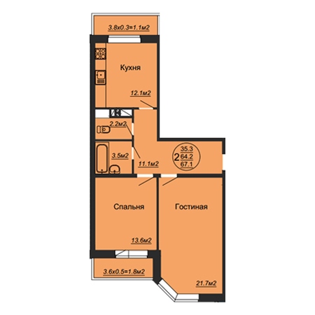 2 комнатная 67.1м²