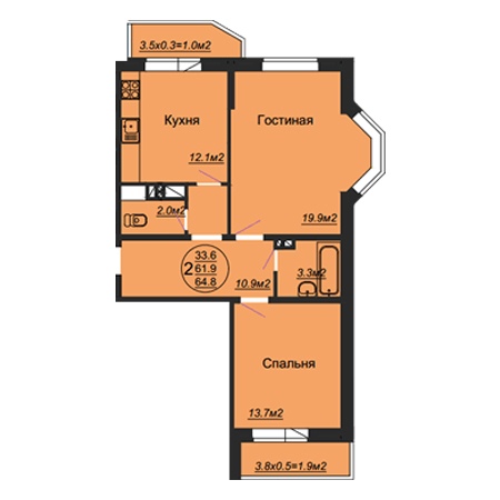 2 комнатная 64.8м²