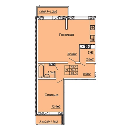 2 комнатная 62.3м²