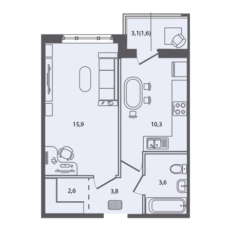 1 комнатная 37.8м²