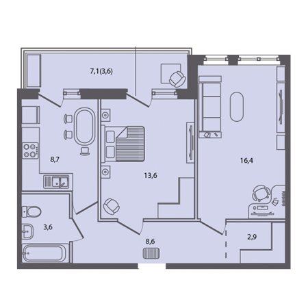 2 комнатная 57.4м²