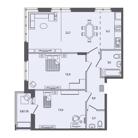 3 комнатная 74.5м²