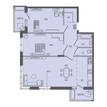 3 комнатная 77.5м²