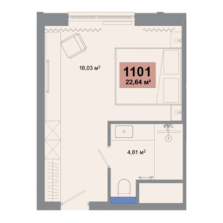 1 комнатная 22.64м²