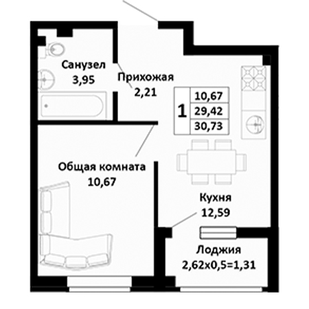 1 комнатная 30.73м²